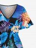Plus Size Pineapple Flowers Tropical Leaf Print Split Hawaii Midi Dress - Bleu M