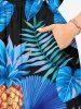 Plus Size Pineapple Flowers Tropical Leaf Print Split Hawaii Midi Dress - Bleu 1X