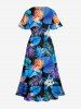 Plus Size Pineapple Flowers Tropical Leaf Print Split Hawaii Midi Dress - Bleu 5X