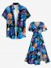 Plus Size Pineapple Flowers Tropical Leaf Print Split Hawaii Midi Dress - Bleu 5X
