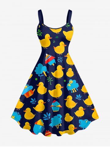 Plus Size Cute Duck Print Hawaii A Line Dress - BLACK - 6X