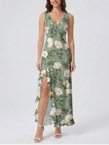 Flowers Leaf Print Hawaii Ruffles Split Surplice Dress - LIGHT GREEN - XL