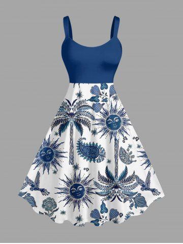 Plus Size Coconut Tree Flower Leaf Bird Sun Paisley Print Hawaii A Line Dress