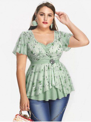 Plus Size Rose Flower Print Mesh Tulip Hem Buckle Ruffles Ruched Surplie Ribbed Textured 2 In 1 Top - GREEN - 4X | US 26-28