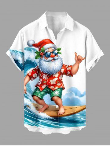 Chemise hawaïenne pour homme à imprimé Père Noël et vagues de Noël, boutonnée avec poche - BLUE - 3XL