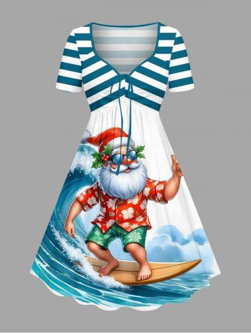 Christmas Santa Claus Sea Waves Striped Print Hawaii Cinched A Line Dress - BLUE - M