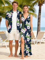 Tenue de plage assortie pour couples, imprimée de feuilles tropicales et de fleurs d'hibiscus, style hawaïen - Bleu profond 