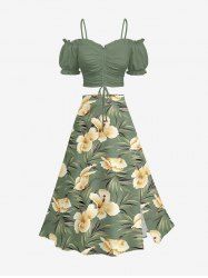 Hibiscus Flower Leaf Print Hawaii Matching Set -  