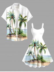 Coconut Tree Seascape Print Matching Hawaii Beach Outfit For Couples - Blanc 