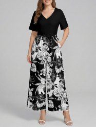 Hibiscus Flower Tropical Leaf Colorblock Print V Neck Hawaii Wide Leg Jumpsuit -  