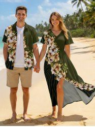 Flower Leaf Branch Print Plus Size Matching Hawaii Beach Outfit For Couples -  