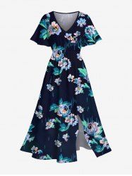 Flowers Leaf Print Split Hawaii Midi Dress -  