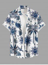 Coconut Tree Flower Leaf Bird Sun Paisley Print Hawaii Button Pocket Shirt For Men - Bleu Marine XL