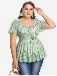 Plus Size Rose Flower Print Mesh Tulip Hem Buckle Ruffles Ruched Surplie Ribbed Textured 2 In 1 Top -  