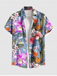 Chemise à poches boutons grande taille pour homme, imprimée de fleurs d'hibiscus et de feuilles tropicales, style hawaïen. - Bleu Poudre S