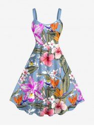 Robe trapèze hawaïenne à imprimé floral tropical et feuilles d'hibiscus grande taille - Bleu Poudre 3X