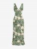 Flowers Leaf Print Hawaii Ruffles Split Surplice Dress -  