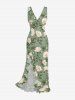Flowers Leaf Print Hawaii Ruffles Split Surplice Dress -  