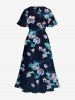 Plus Size Flowers Leaf Print Split Hawaii Midi Dress -  