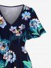 Plus Size Flowers Leaf Print Split Hawaii Midi Dress -  