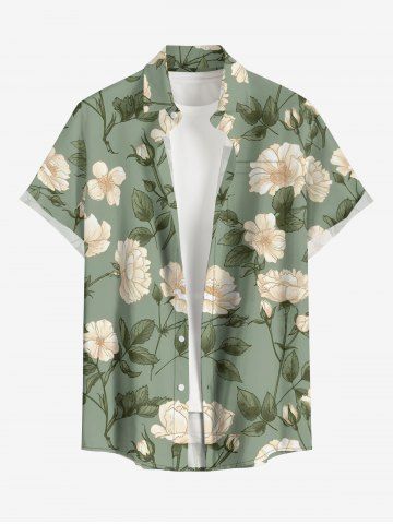 Plus Size Flowers Leaf Print Buttons Pocket Hawaii Shirt For Men