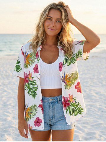 Hibiscus Flowers Tropical Leaf Print Buttons Pocket Women Hawaii Shirt - WHITE - 3XL