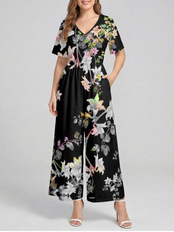 Flower Branch Print Hawaii Wide Leg Jumpsuit - BLACK - XS