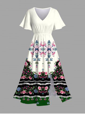 Plus Size Flamingo Flowers Colorblock Print Split Hawaii Midi Dress - BEIGE - 6X