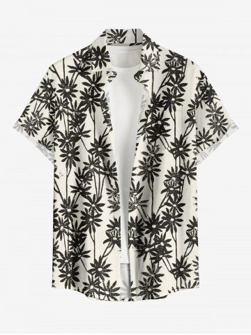 Plus Size Silhouette Flower Print Hawaii Button Pocket Shirt For Men - BEIGE - 2XL