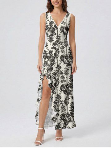 Silhouette Flower Print Hawaii Ruffles Split Dress - BEIGE - XXXL