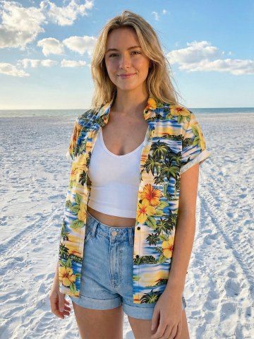 Hibiscus Flowers Leaf Coconut Tree Print Buttons Pocket Women Hawaii Shirt - YELLOW - S