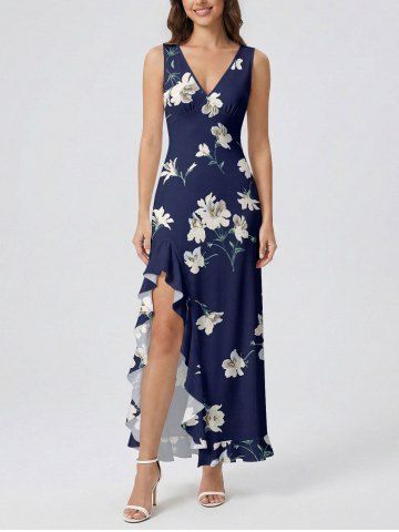 Flowers Leaf Print Hawaii Ruffles Split Surplice Dress - DEEP BLUE - L