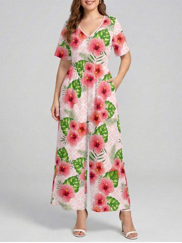 Hibiscus Flowers Tropical Leaf Geometric Pattern Print V Neck Hawaii Wide Leg Jumpsuit - PINK - M