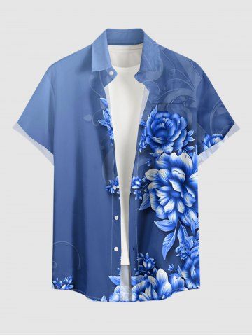 Plus Size Ombre Flower Leaf Print Hawaii Button Pocket Shirt For Men - BLUE - S
