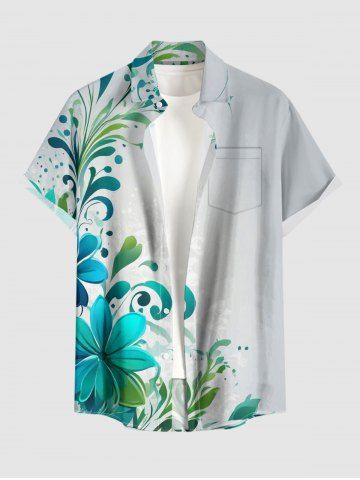 Plus Size Flower Leaf Branch Print Hawaii Button Pocket Shirt For Men - GREEN - 4XL