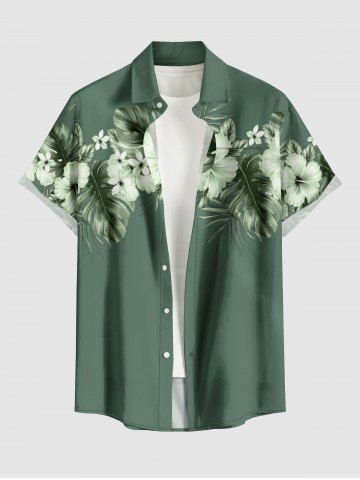 Chemise hawaïenne grande taille pour homme, imprimée de fleurs d'hibiscus et de feuilles tropicales, avec boutons et poche.