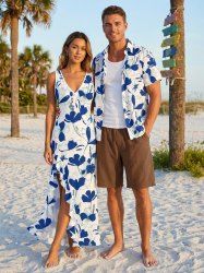 Flowers Leaf Tropical Print Matching Hawaii Beach Outfit For Couples - Bleu 