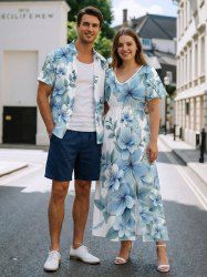 Flowers Leaf Ombre Print Plus Size Matching Hawaii Beach Outfit For Couples -  