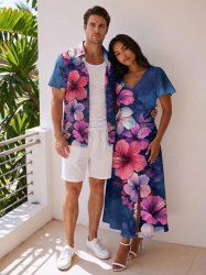 Hibiscus Flower Print Plus Size Matching Hawaii Beach Outfit For Couples -  