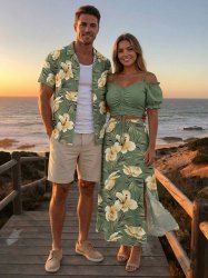 Hibiscus Flower Leaf Print Plus Size Matching Hawaii Beach Outfit For Couples -  
