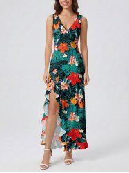 Hibiscus Flowers Tropical Leaf Print Hawaii Ruffles Split Surplice Dress - Vert profond XS