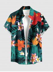 Hibiscus Flower Tropical Leaf Print Buttons Pocket Hawaii Shirt For Men -  