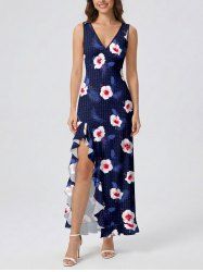 Hibiscus Flowers Tropical Leaf Print Hawaii Ruffles Split Surplice Dress -  