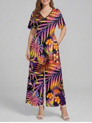 Flowers Tropical Leaf Print V Neck Hawaii Wide Leg Jumpsuit -  