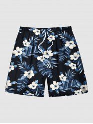 Plus Size Hibiscus Flower Leaf Print Hawaii Beach Shorts For Men -  