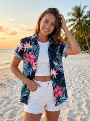 Hibiscus Flowers Tropical Leaf Print Buttons Pocket Women Hawaii Shirt -  