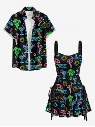 Glitter Neon Coconut Tree Flamingo Juice Print Matching Hawaii Beach Outfit For Couples -  