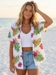 Women Hibiscus Flowers Tropical Leaf Print Buttons Pocket Hawaii Shirt - Blanc S