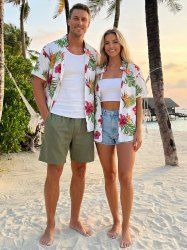 Hibiscus Flowers Tropical Leaf Print Matching Hawaii Beach Outfit For Couples - Blanc 