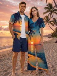 Coconut Tree Sun Seascape Print Matching Hawaii Beach Outfit For Couples -  